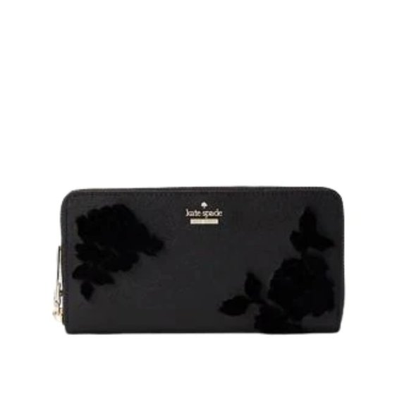 KATE SPADE Black Cameron Street Flock Roses Leather Continental LACEY Wallet - Picture 1 of 15
